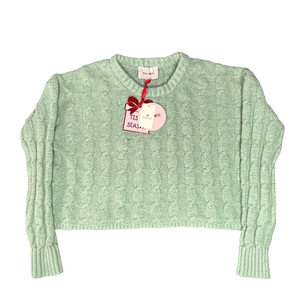 Pink Rose Cable Knit Cropped Sweater Sage Green Size M New